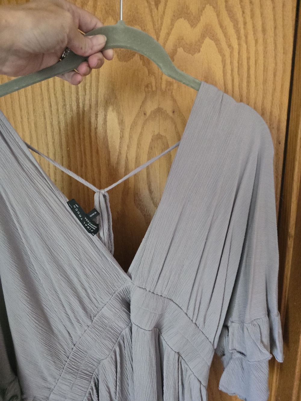 Final Touch Taupe V-Neck Wrap Dress with Flutter Sleeves - Picture 2 of 4